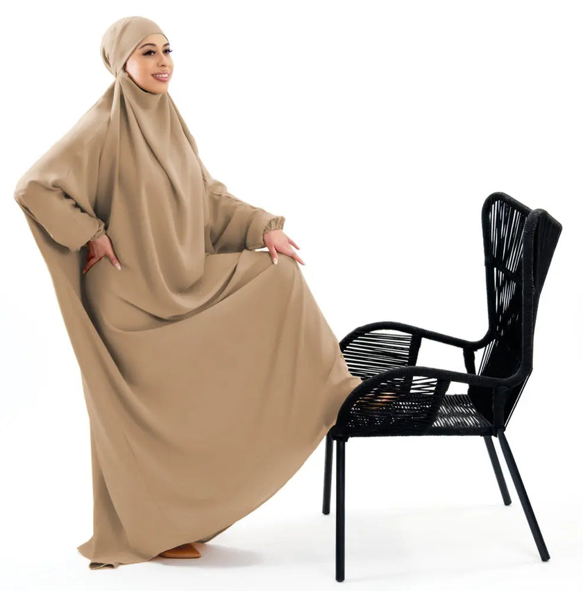 Comfortable and wrinkle-free one-piece hijab long abaya, offering effortless elegance and full coverage from neck to ankles | Beige