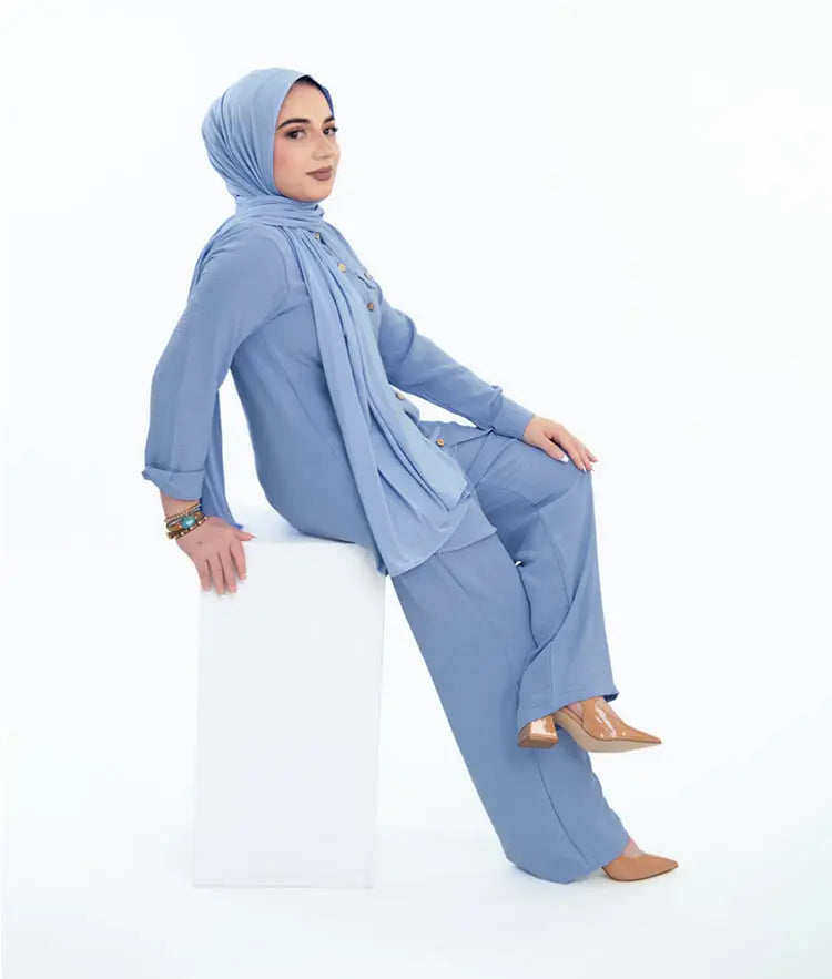 Green 2 PCS Trousers Pants and Shirt set, comfortable and stylish for summer office wear, available in four colors. | Blue