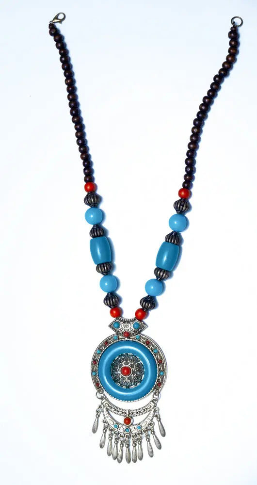 Versatile long hippie necklace with beads, charms, and bohemian-inspired elements, comes with hair clips for styling options | Design-7