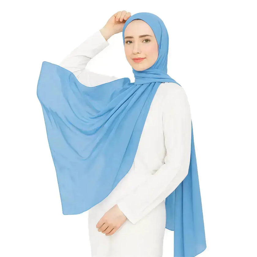 Elegant chiffon hijab in blue color, lightweight and modest
Blue chiffon hijab with soft drape and breathable fabric
Stylish blue hijab for everyday wear and occasions | Classic Blue