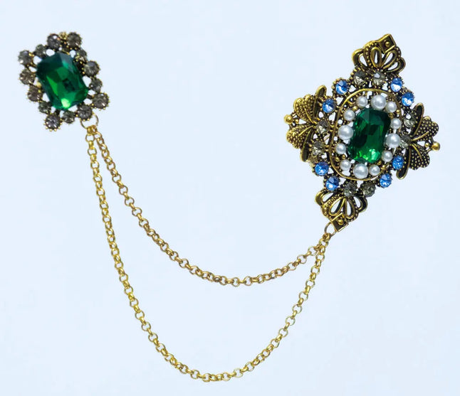 Antique rhinestone dual-sided brooch pin with chain