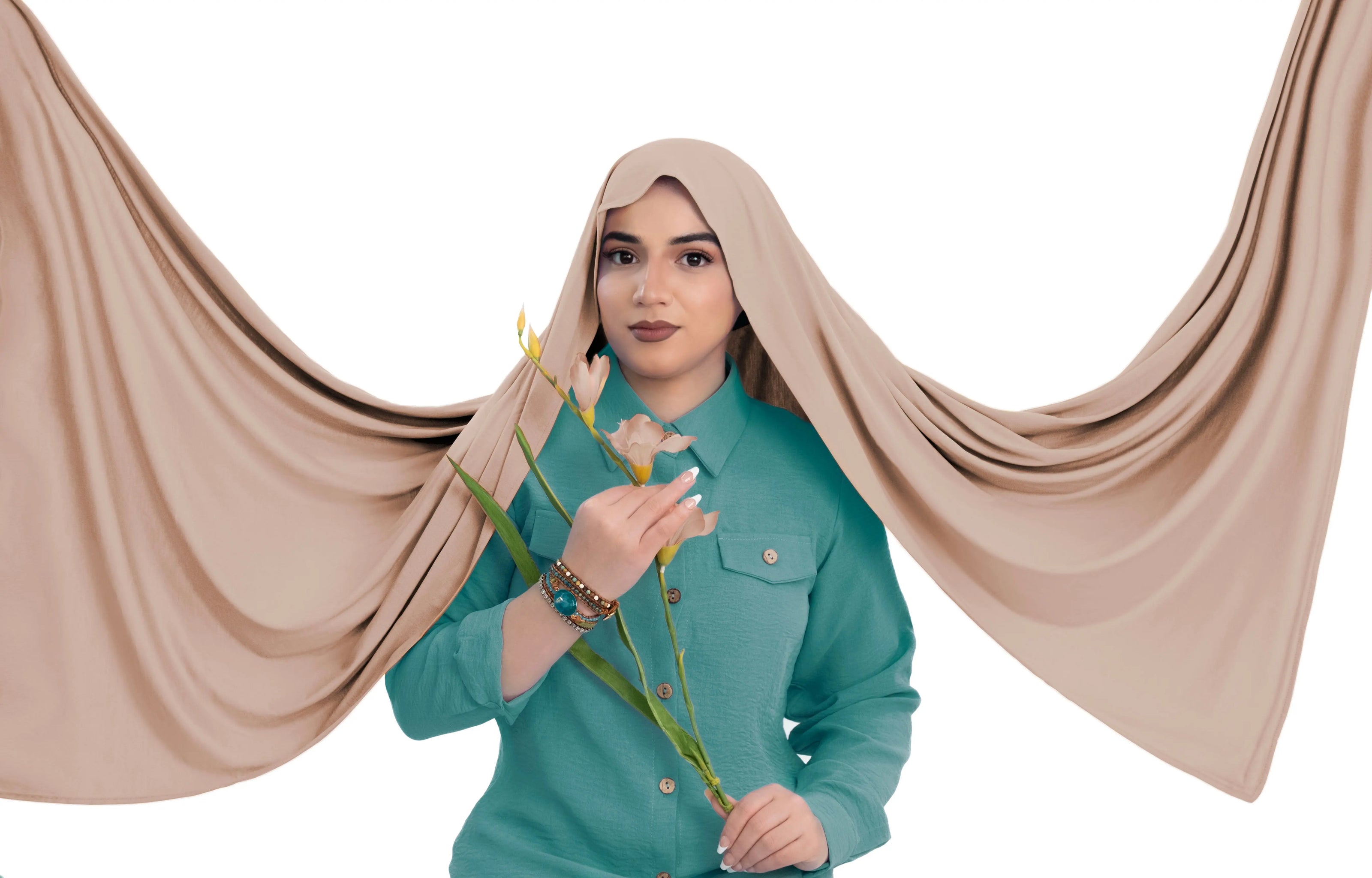 Bamboo jersey hijab, lightweight and breathable, made from eco-friendly bamboo and spandex blend. Perfect for modest fashion styling | Camel Beige