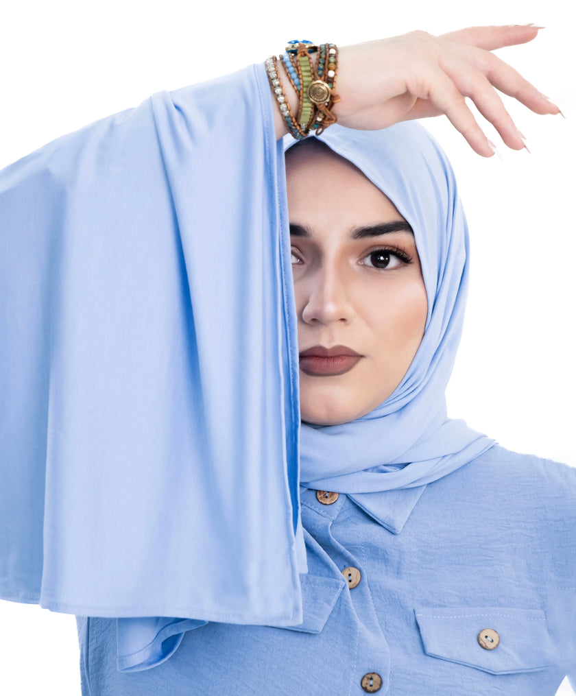 Bamboo jersey hijab, lightweight and breathable, made from eco-friendly bamboo and spandex blend. Perfect for modest fashion styling | Sky Blue