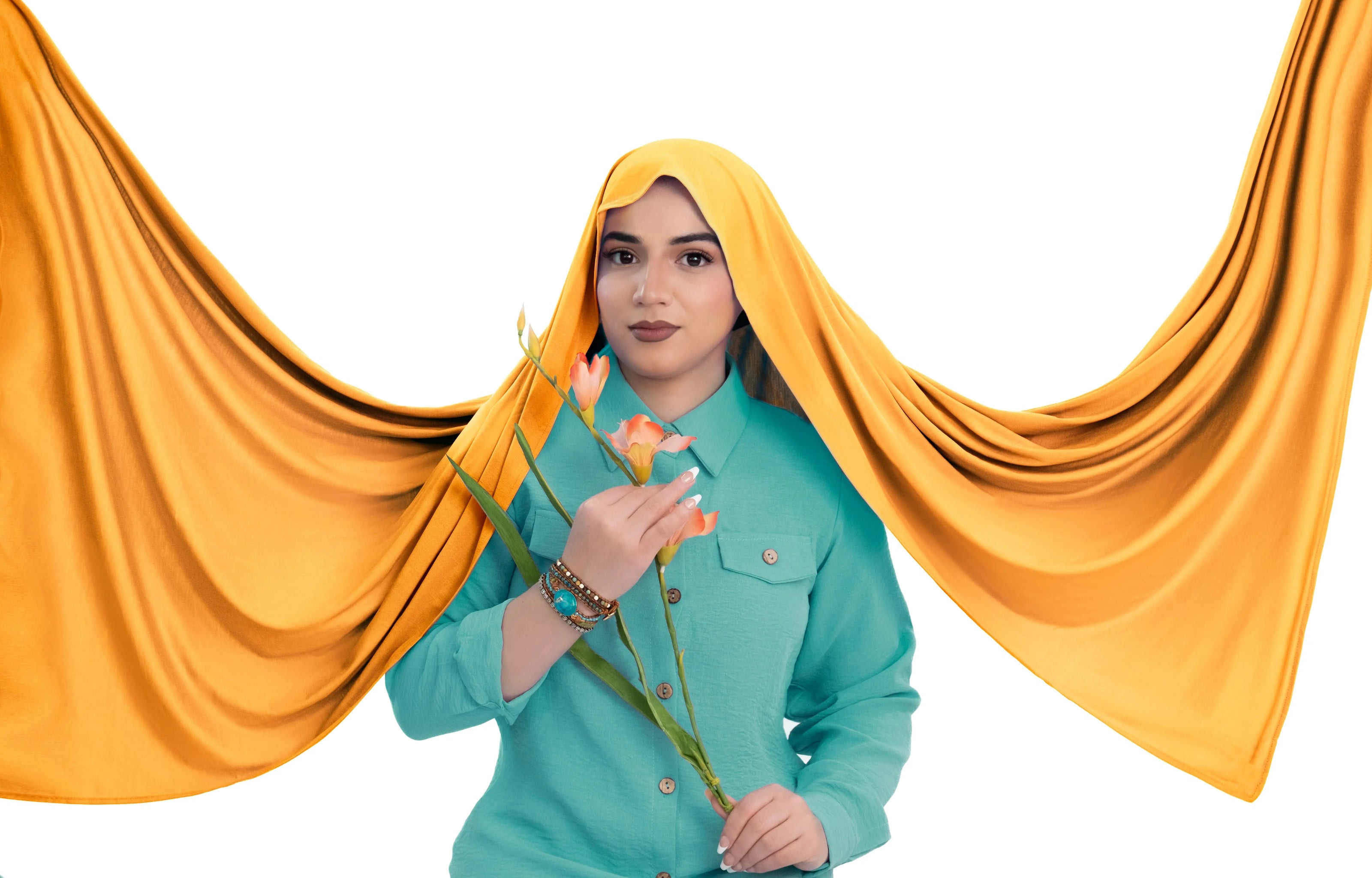 Bamboo jersey hijab, lightweight and breathable, made from eco-friendly bamboo and spandex blend. Perfect for modest fashion styling | Mustard