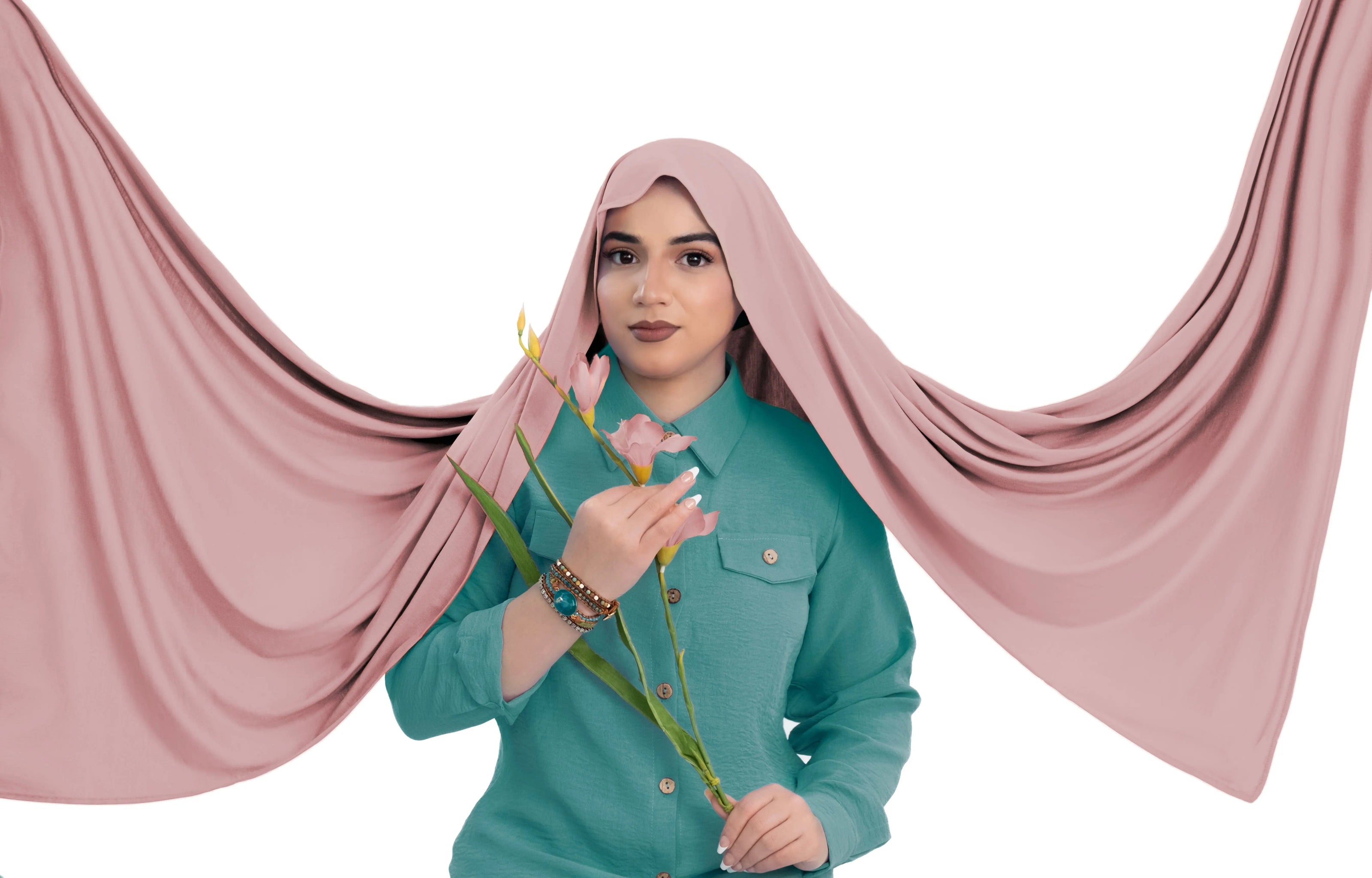 Bamboo jersey hijab, lightweight and breathable, made from eco-friendly bamboo and spandex blend. Perfect for modest fashion styling | Pink