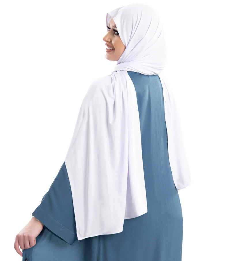 Bamboo jersey hijab, lightweight and breathable, made from eco-friendly bamboo and spandex blend. Perfect for modest fashion styling | White