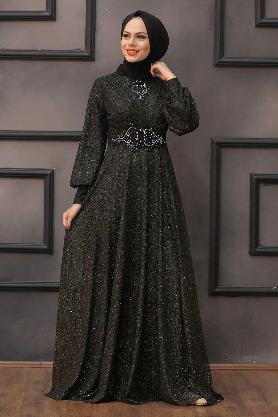 Black Glitter Abaya Dress with Beaded Waist – Elegant Modest Evening – Zari  Hijabeez