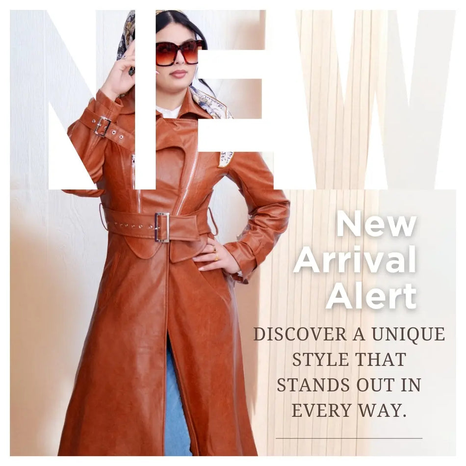 Women's brown leather long jacket with belt, Modest fashion outerwear, Trendy trench coat for fall and winter, Western-style long leather coat, Elegant full-length leather jacket for stylish layering, Classic brown leather duster coat for casual and formal wear, Luxury leather fashion for modern women | Brown