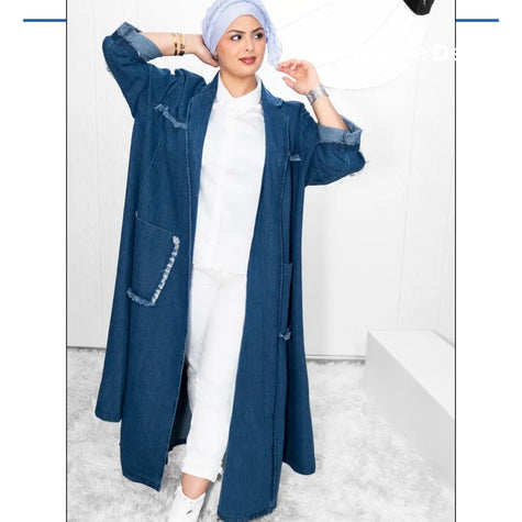 Denim long jacket with two large side pockets, intricate front and back details, and button closure, ideal for pairing with pants, shirts, or abaya. Stylish and versatile | Blue
