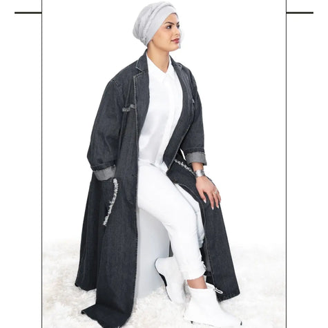 Women's Denim Long Coat with Tassels - Vintage Loose Fit (One Size) Zari Hijabeez