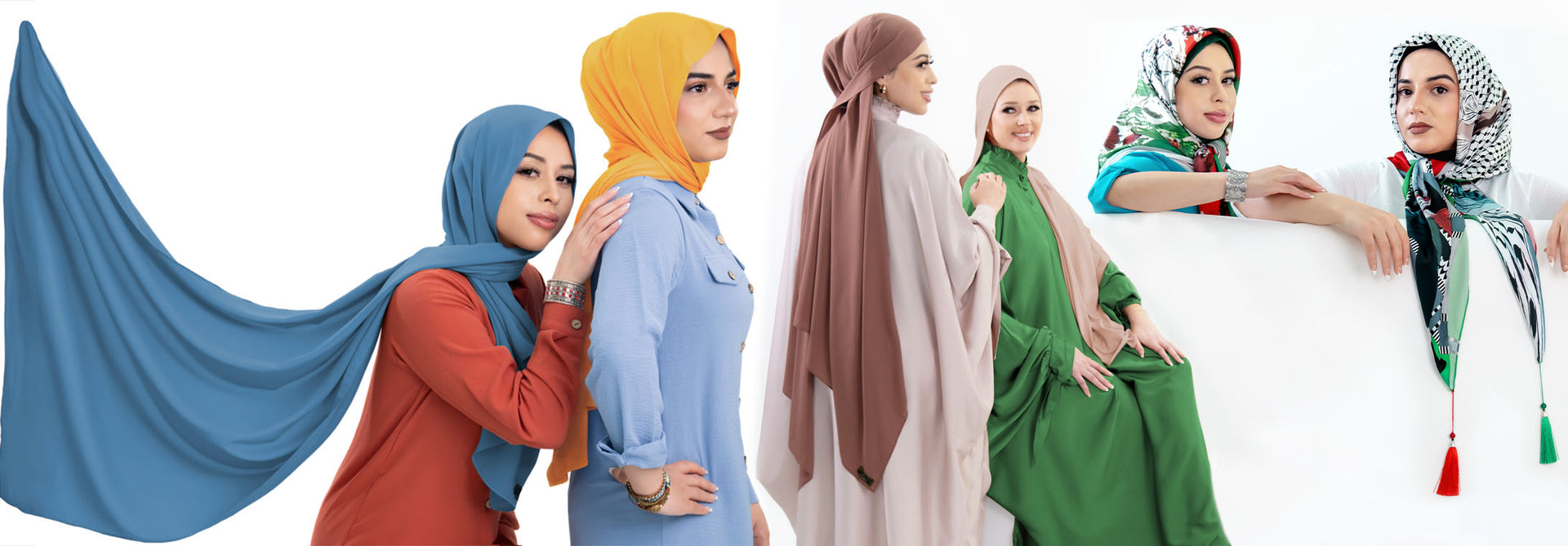 Variety of hijabs in different colors, styles, and fabrics.