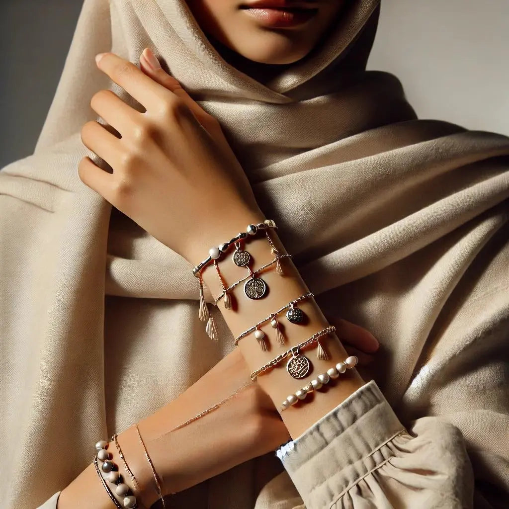 Discover Zari Hijabeez Jewelry Collection, featuring elegant necklaces, bracelets, earrings, and rings that perfectly complement modest fashion for Muslim women.