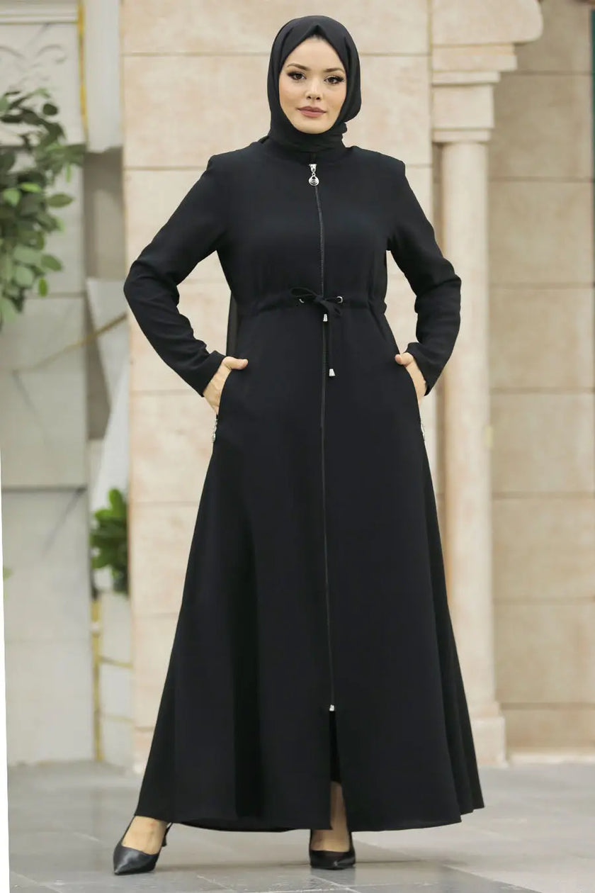 Modest Full Zipper Abaya with Side Pockets – Wrinkle-Free Design Zari Hijabeez