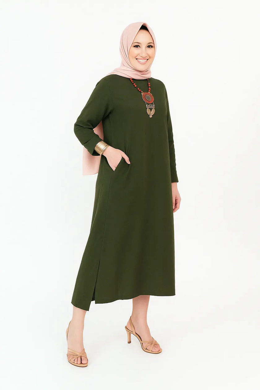 Mustard Long Shirt with Side Pocket in Soft Linen Fabric Zari Hijabeez