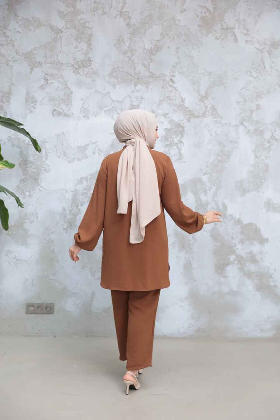 Elegant Modest 2-Piece Set with Pearl Button Detail – Brown