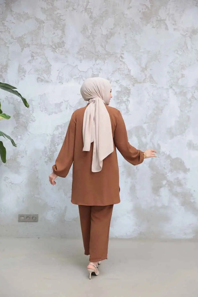 Elegant Modest 2-Piece Set with Pearl Button Detail – Brown Zari Hijabeez