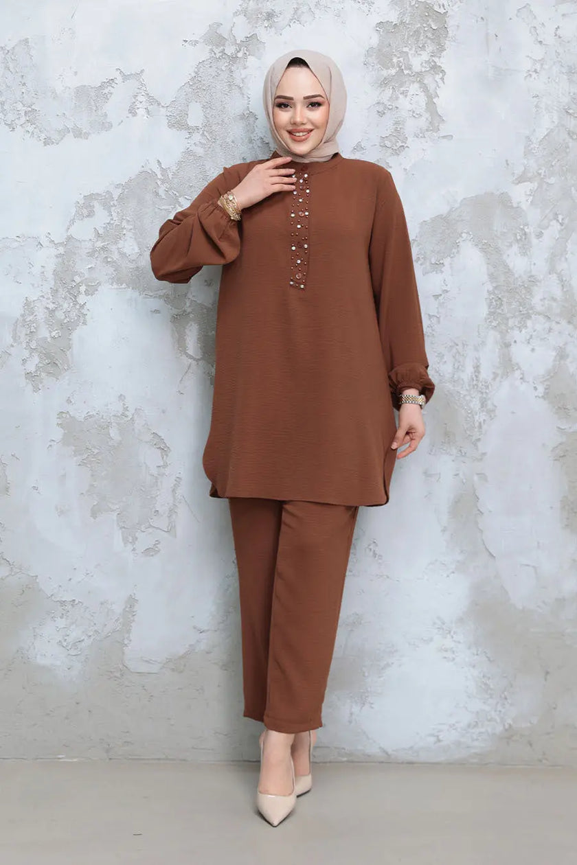 Elegant Modest 2-Piece Set with Pearl Button Detail – Brown Zari Hijabeez