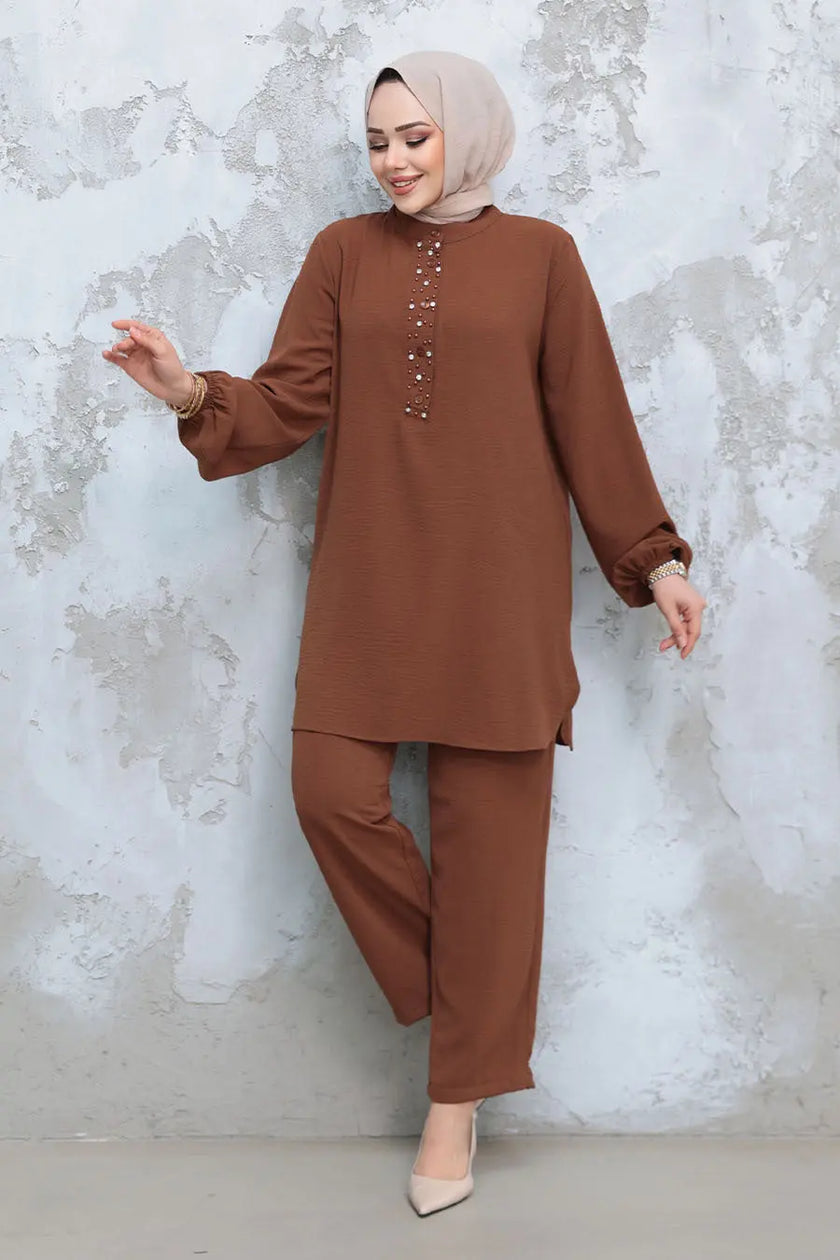 Elegant Modest 2-Piece Set with Pearl Button Detail – Brown Zari Hijabeez