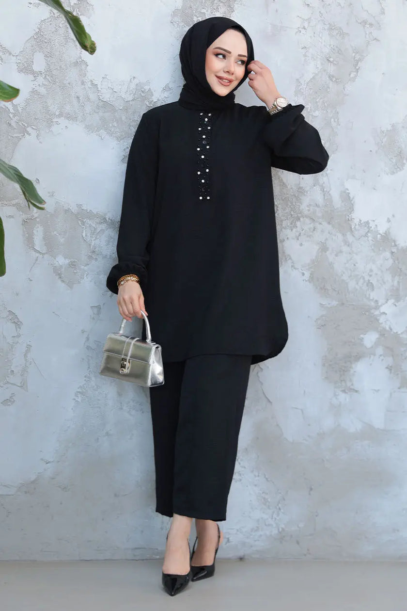 Elegant Modest 2-Piece Set with Pearl Button Detail – Brown Zari Hijabeez
