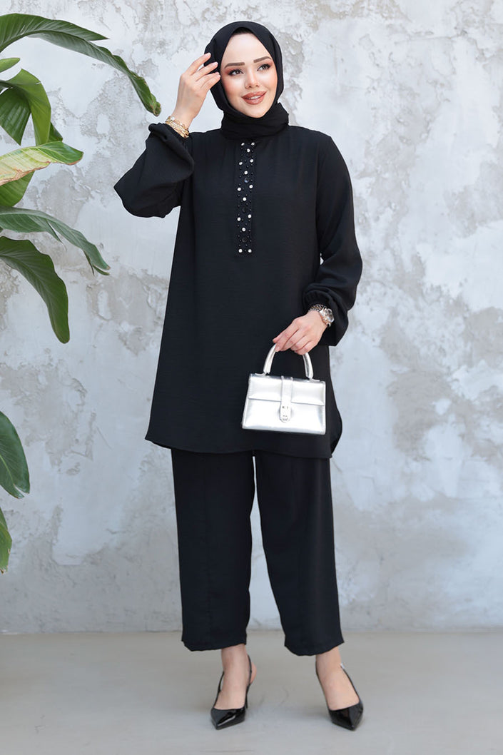 Elegant Modest 2-Piece Set with Pearl Button Detail – Brown