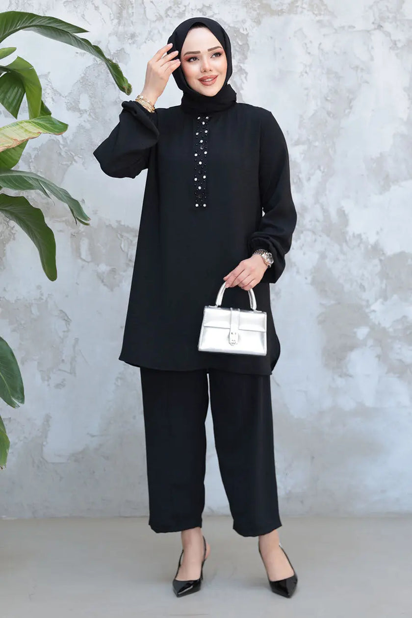 Elegant Modest 2-Piece Set with Pearl Button Detail – Brown Zari Hijabeez
