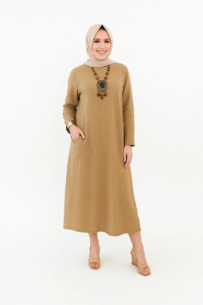 Mustard Long Shirt with Side Pocket in Soft Linen Fabric Zari Hijabeez