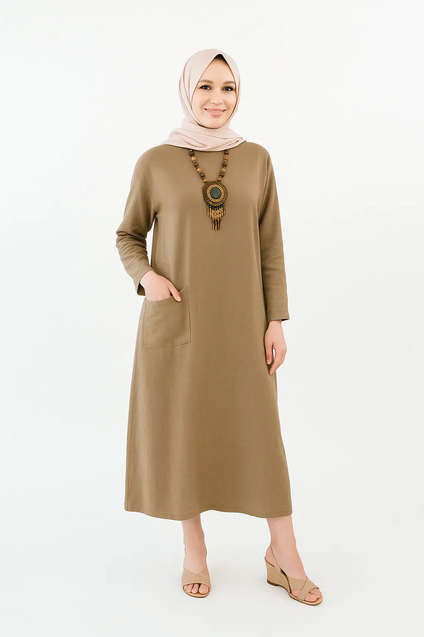 Mustard Long Shirt with Side Pocket in Soft Linen Fabric Zari Hijabeez