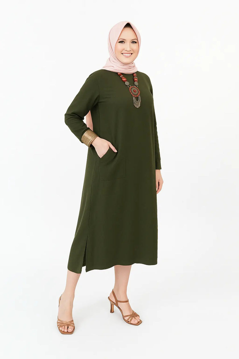 Mustard Long Shirt with Side Pocket in Soft Linen Fabric Zari Hijabeez