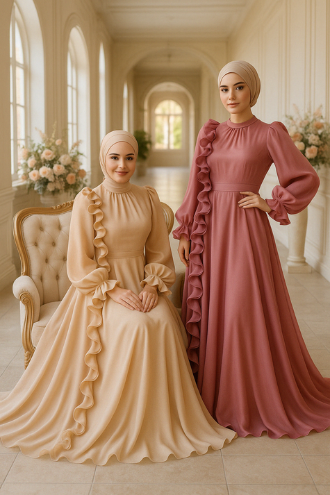 Elegant Ruffle Detail Modest Gown