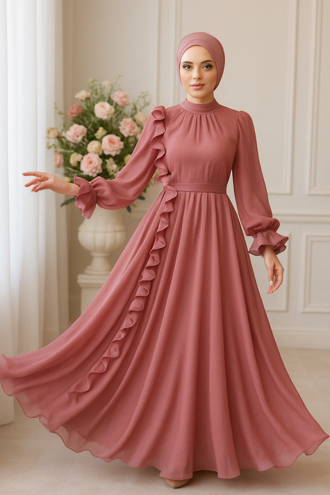 Elegant Ruffle Detail Modest Gown