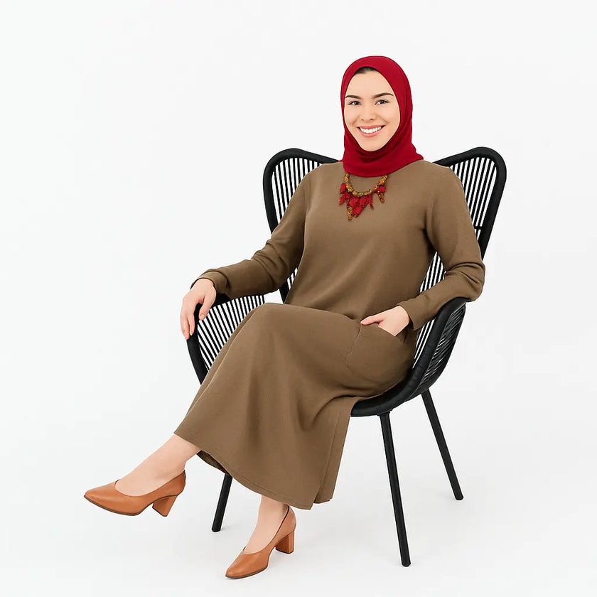 Mustard Long Shirt with Side Pocket in Soft Linen Fabric Zari Hijabeez