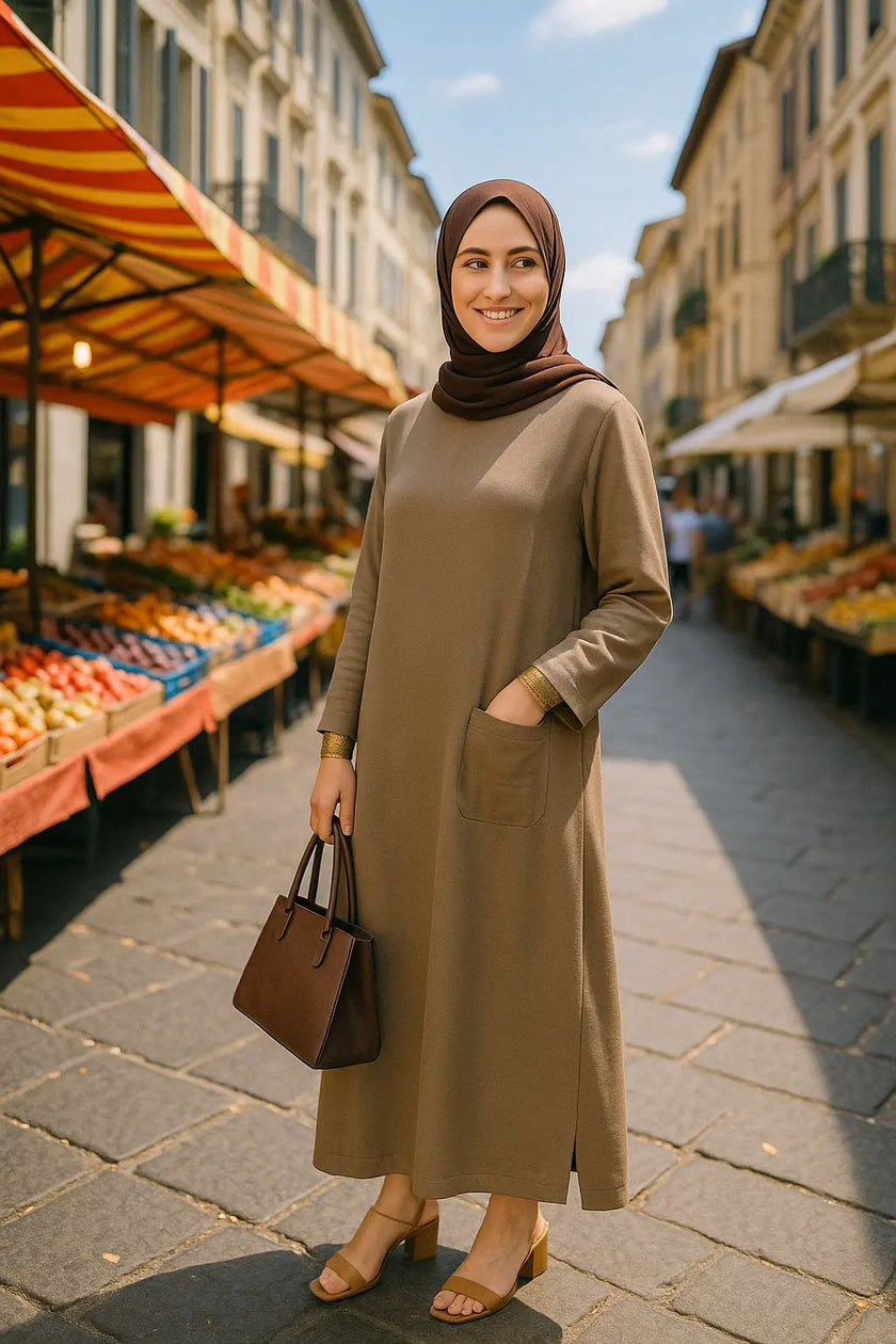 Mustard Long Shirt with Side Pocket in Soft Linen Fabric Zari Hijabeez