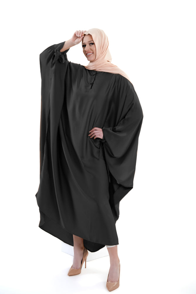 Soft silk stylish abaya featuring bow sleeves, crafted for comfort and sophistication | Black