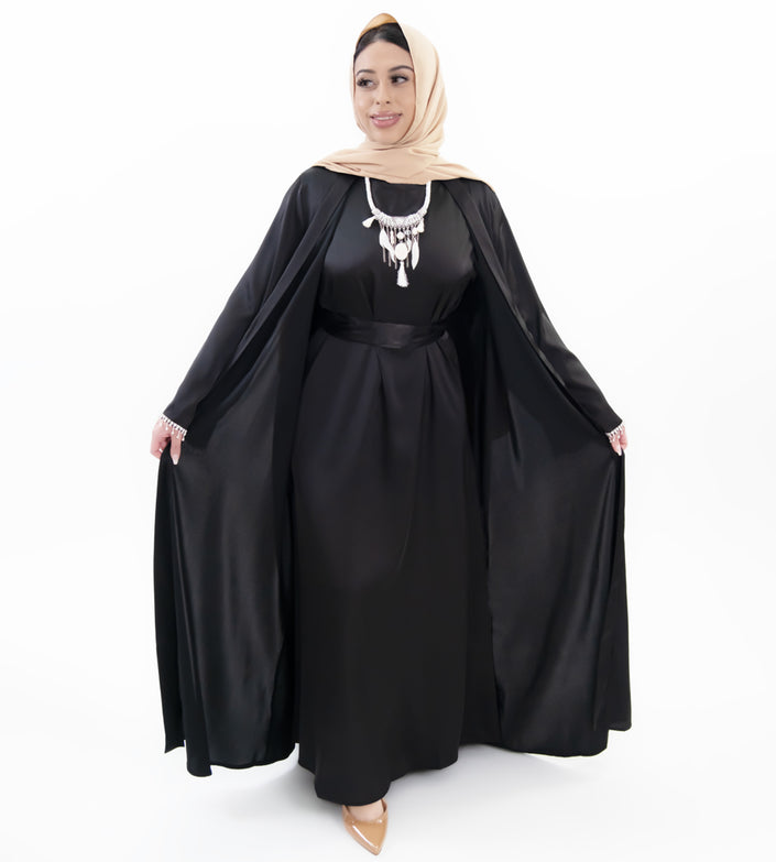 Three-piece Silk Abaya set adorned with stunning crystal lace detailing, including a flowing gown, matching liner, and coordinating belt | Black