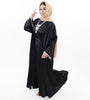 Three-piece Silk Abaya set adorned with stunning crystal lace detailing, including a flowing gown, matching liner, and coordinating belt | Black