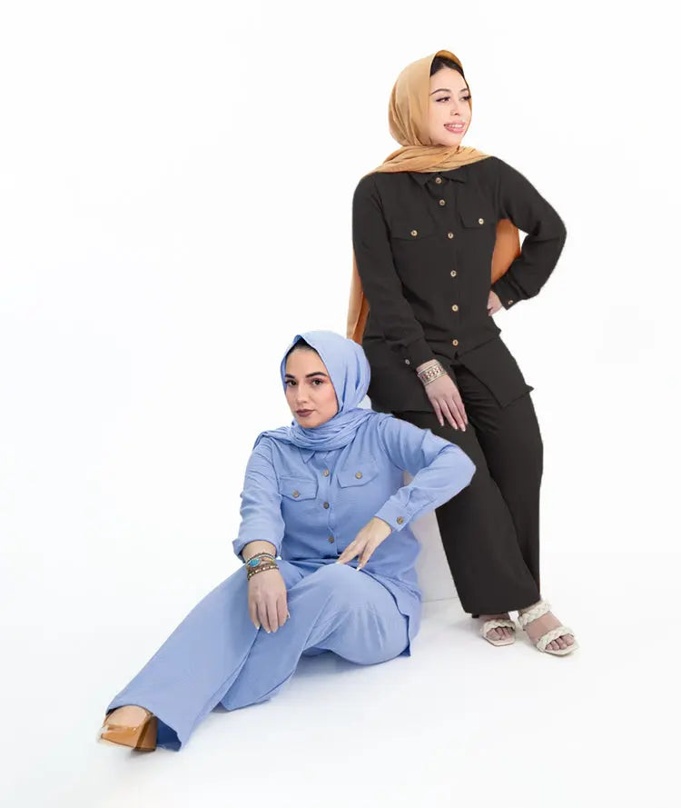 Green 2 PCS Trousers Pants and Shirt set, comfortable and stylish for summer office wear, available in four colors. | Blue Black