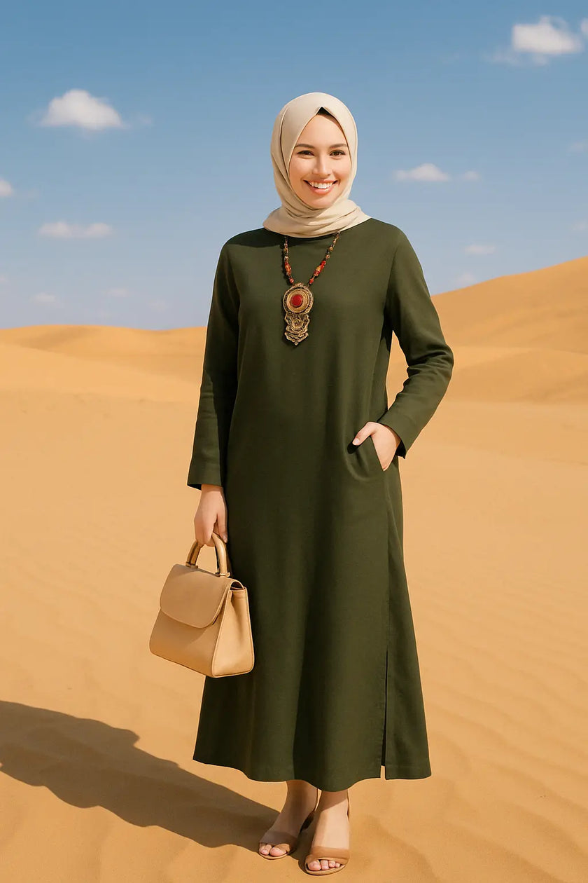 Mustard Long Shirt with Side Pocket in Soft Linen Fabric Zari Hijabeez