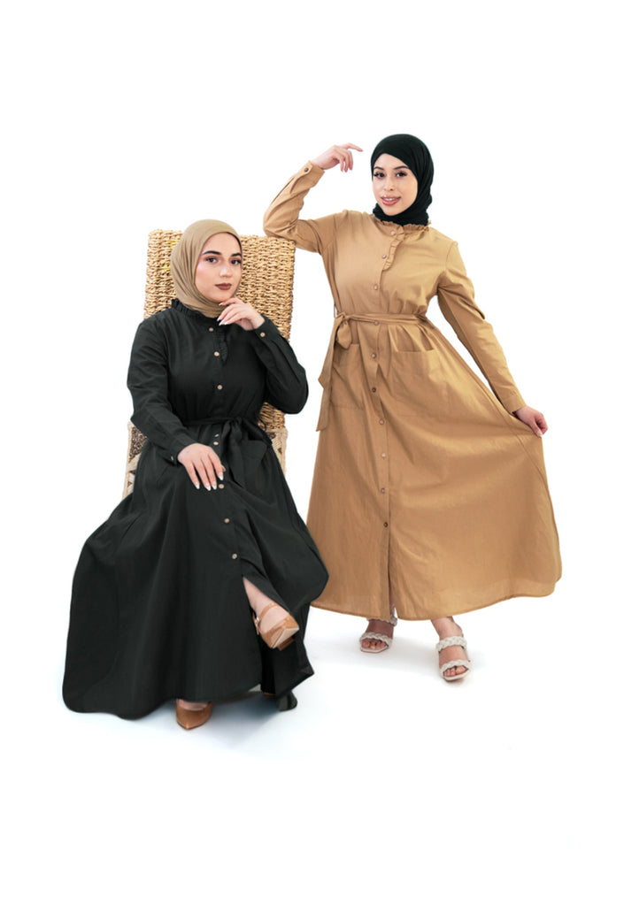 Black Breathable Cotton Long Abaya with Adjustable Belt