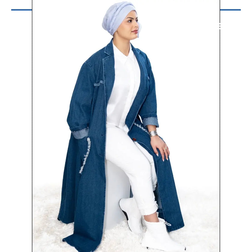 Denim long jacket with two large side pockets, intricate front and back details, and button closure, ideal for pairing with pants, shirts, or abaya. Stylish and versatile | Blue