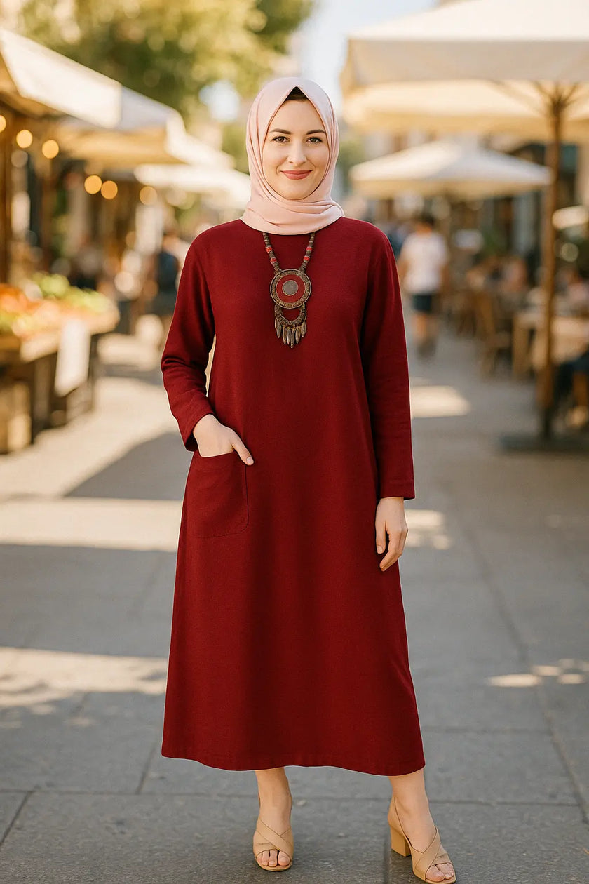 Mustard Long Shirt with Side Pocket in Soft Linen Fabric Zari Hijabeez
