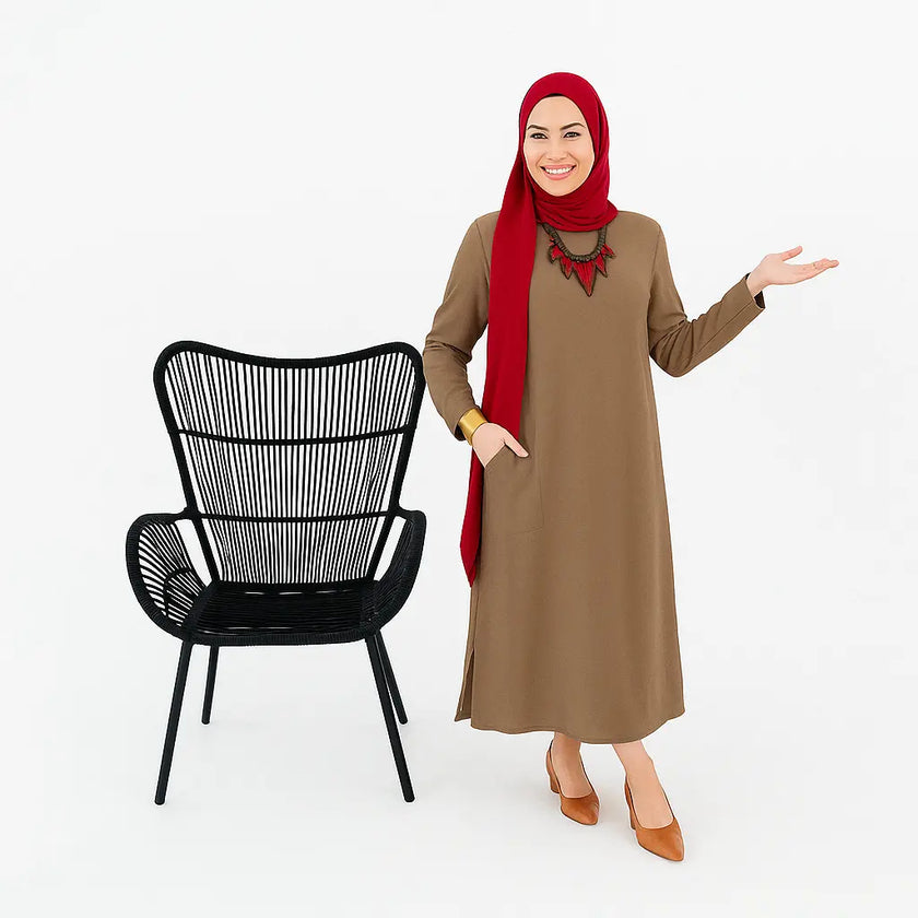 Mustard Long Shirt with Side Pocket in Soft Linen Fabric Zari Hijabeez