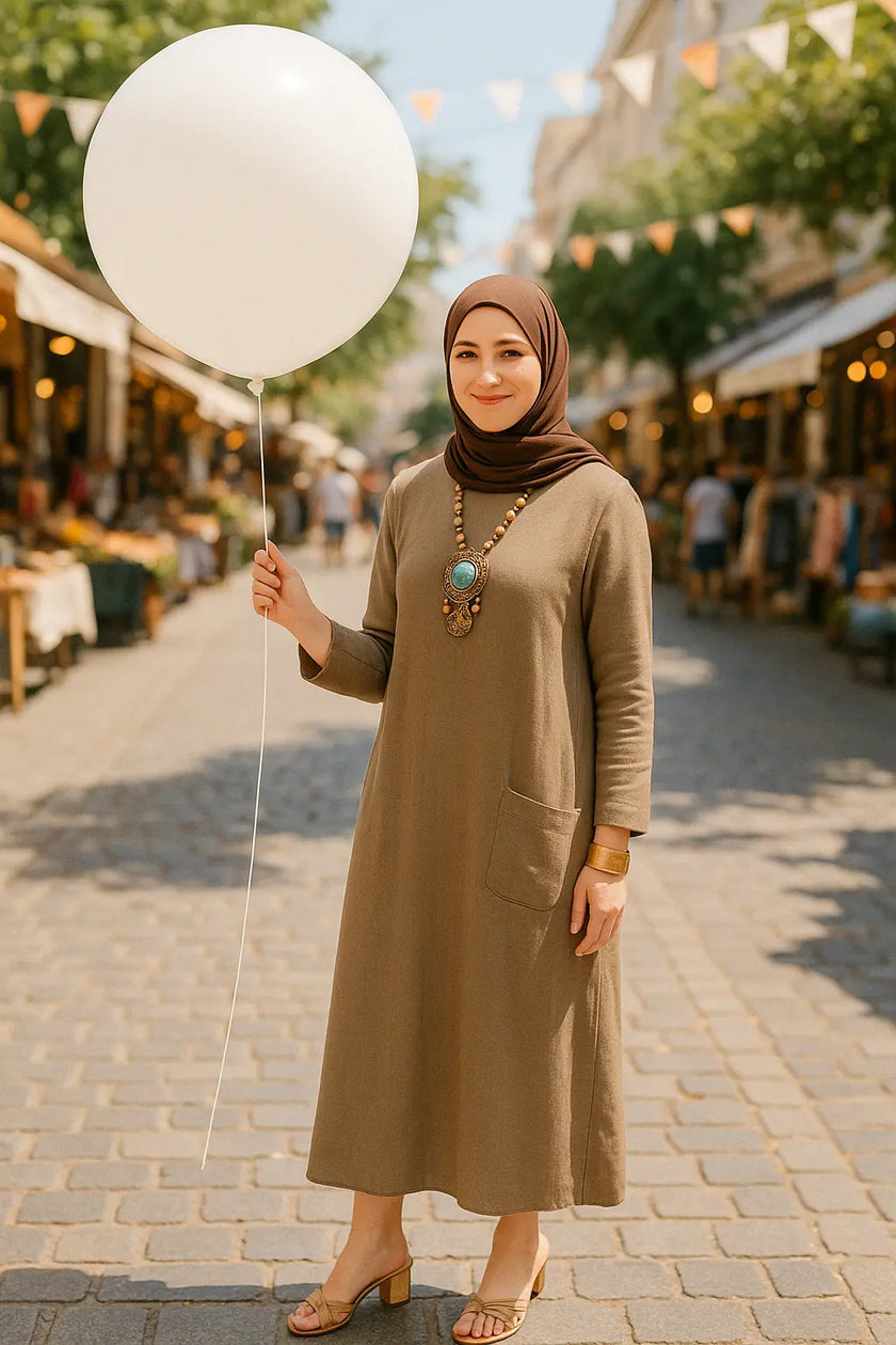 Mustard Long Shirt with Side Pocket in Soft Linen Fabric Zari Hijabeez