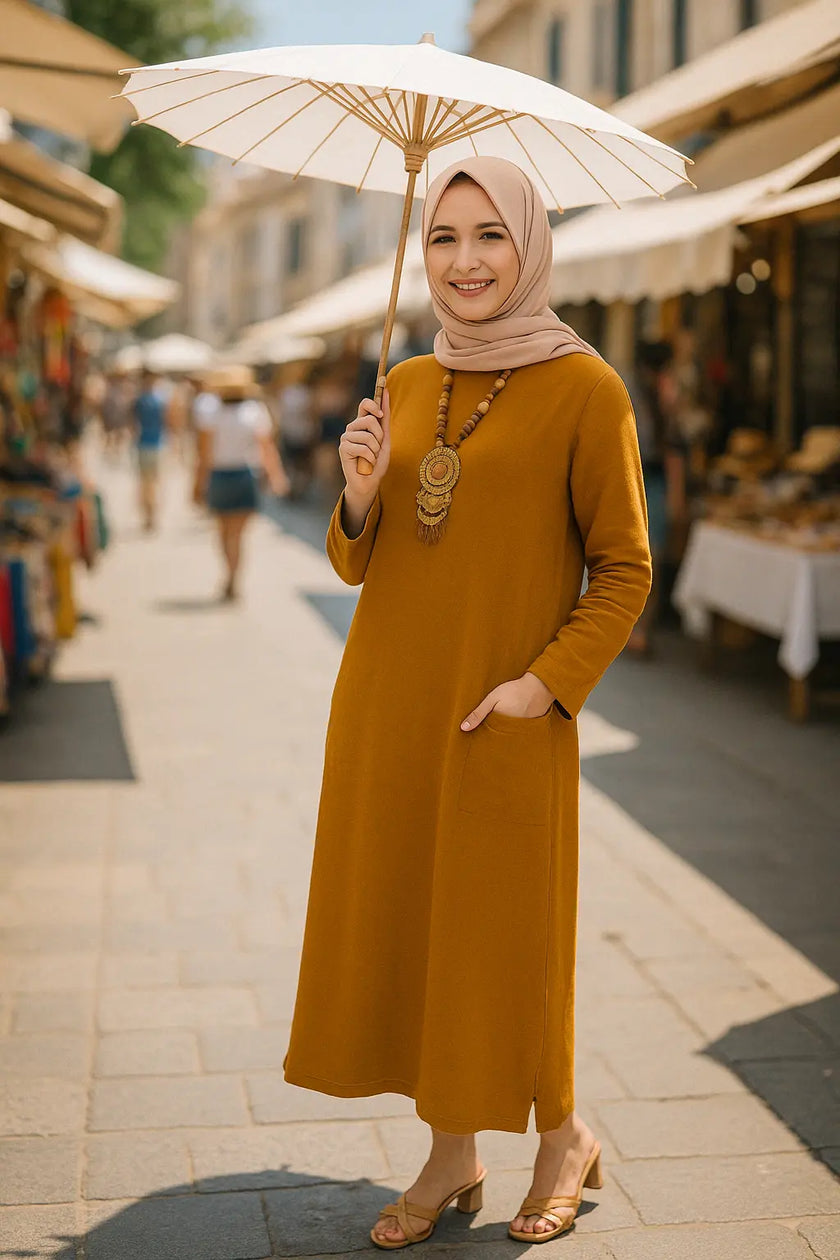 Mustard Long Shirt with Side Pocket in Soft Linen Fabric Zari Hijabeez