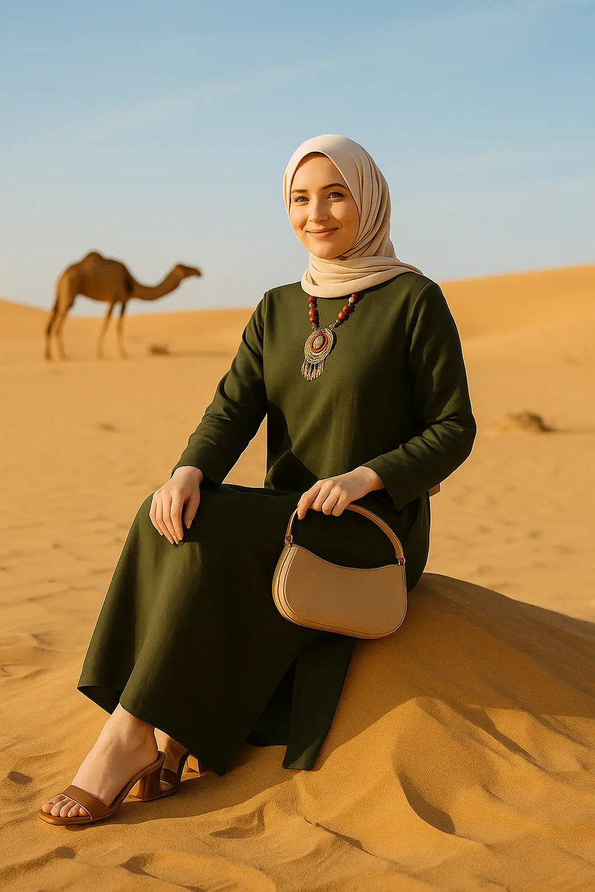 Mustard Long Shirt with Side Pocket in Soft Linen Fabric Zari Hijabeez