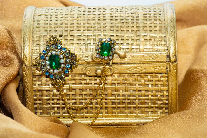 Rhinestone dual-sided brooch pin with chain for hijab