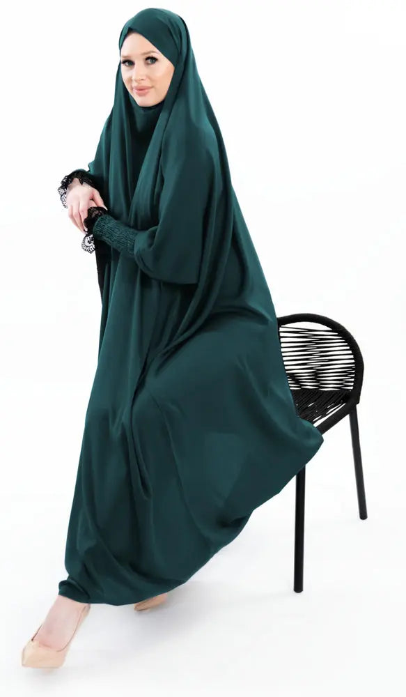 Soft One-Piece Full-Length Hijab Long Abaya with lace sleeves and elastic cuffs, designed for modest wear | Green