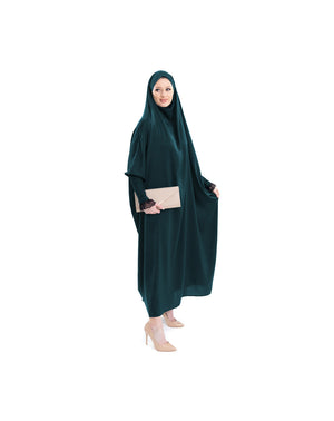 Soft One-Piece Full-Length Hijab Long Abaya with lace sleeves and elastic cuffs, designed for modest wear | Green