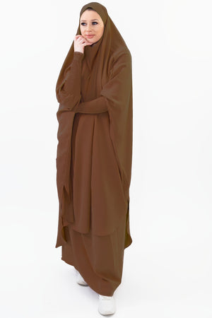 Two-piece abaya set featuring fitted sleeves and a skirt, offering elegance and versatility | Khaki