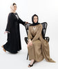 Three-piece Silk Abaya set adorned with stunning crystal lace detailing, including a flowing gown, matching liner, and coordinating belt | Light Gold Black