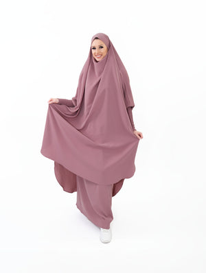 Two-piece abaya set featuring fitted sleeves and a skirt, offering elegance and versatility | Puce